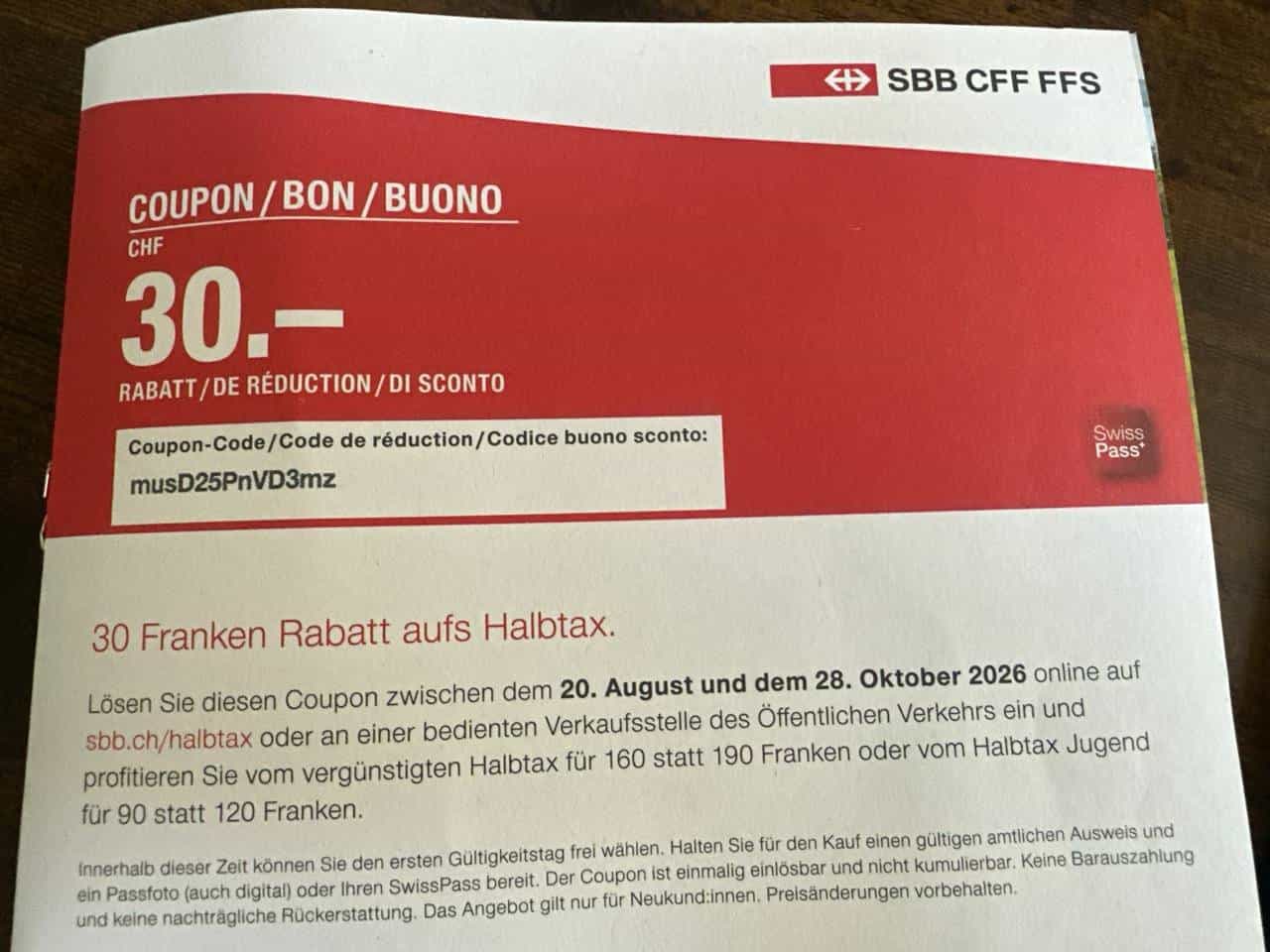 SBB Halbtax-Rabattcoupon 30 CHF