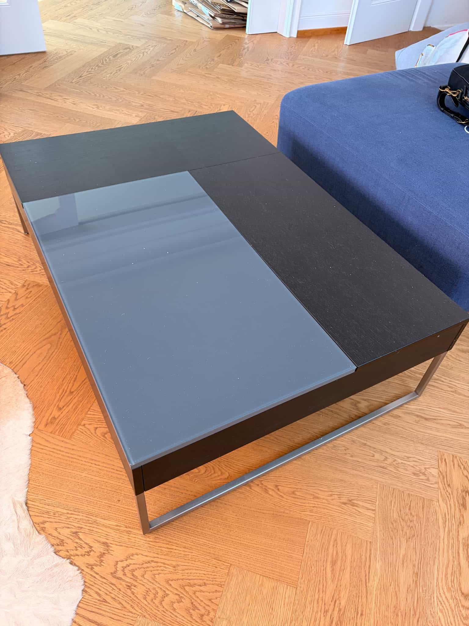 Coffee table, black wood with glass inlay