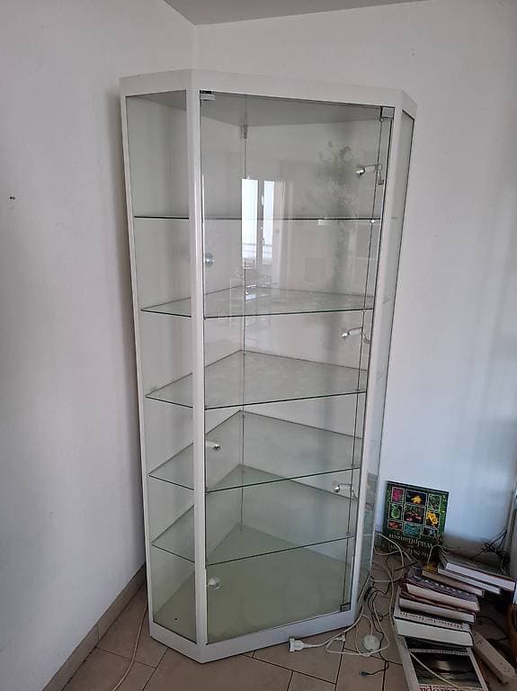 tolle Glas Eckvitrine Stahl weiss mit Glas mit 5 Glastablar