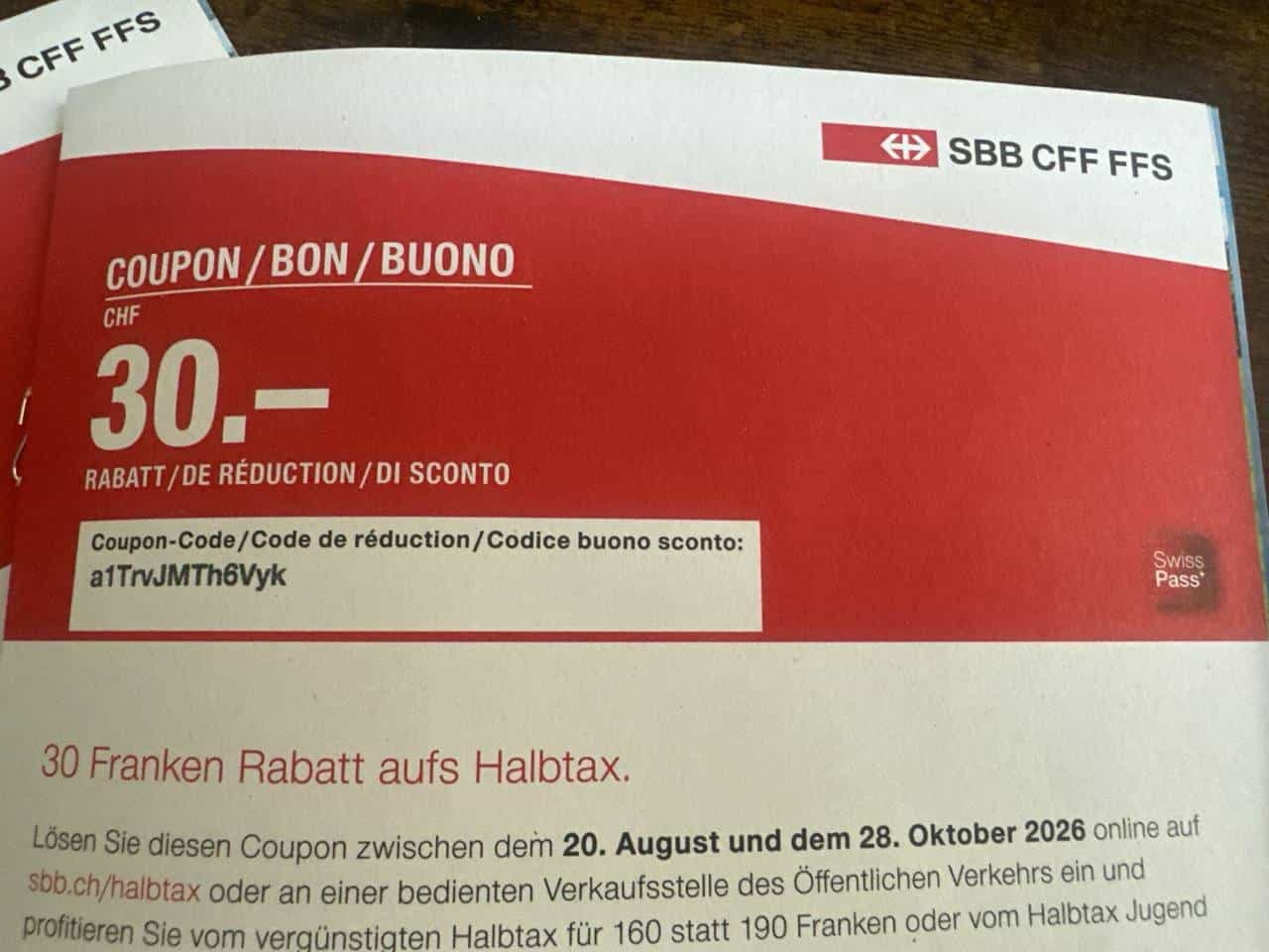 SBB Halbtax-Rabattcoupon 30 CHF