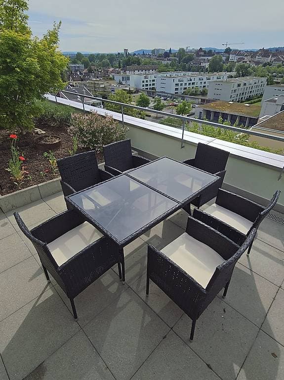 Gartentisch mit 6 Stühlen, ratan, schwarz, inkl. Sitzpolster
