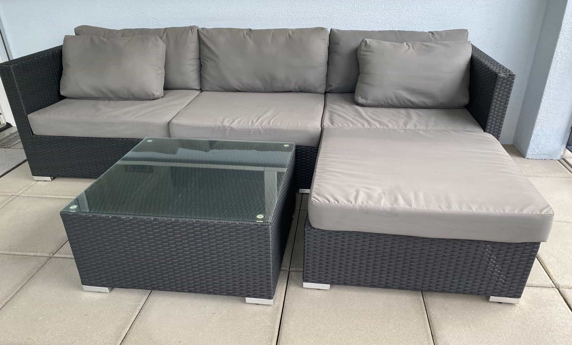 Gartenlounge Polyrattan schwarz mit Glastisch