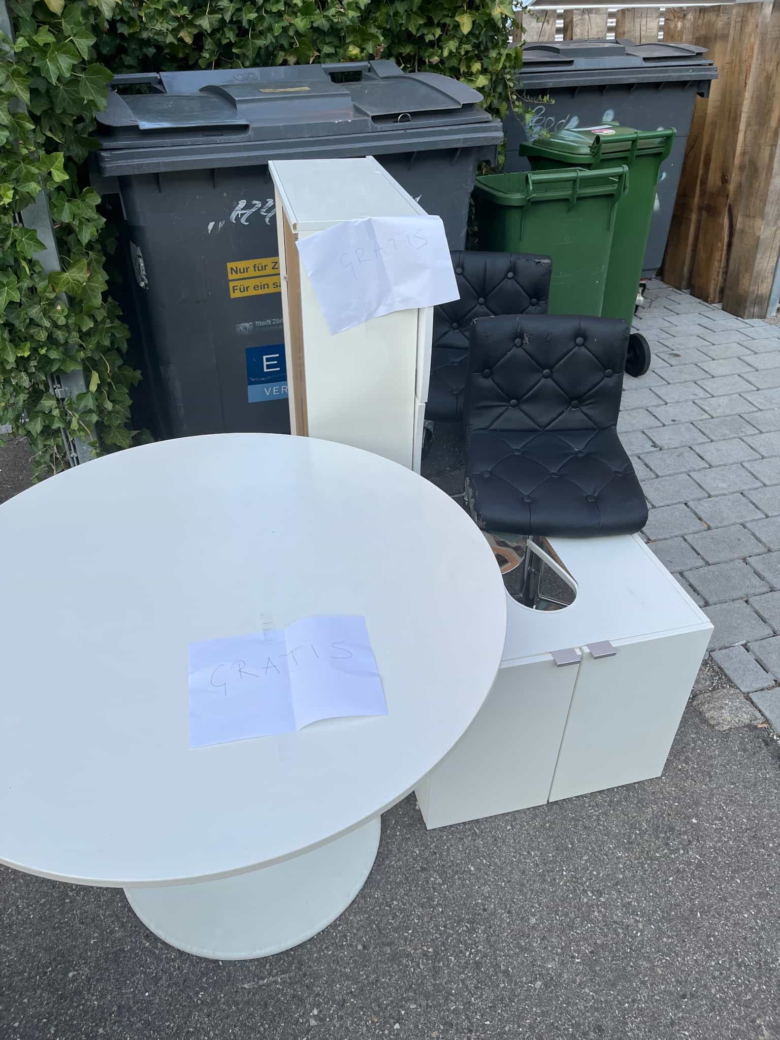 White round table, two chairs, shoe storages, bathroom cupboard