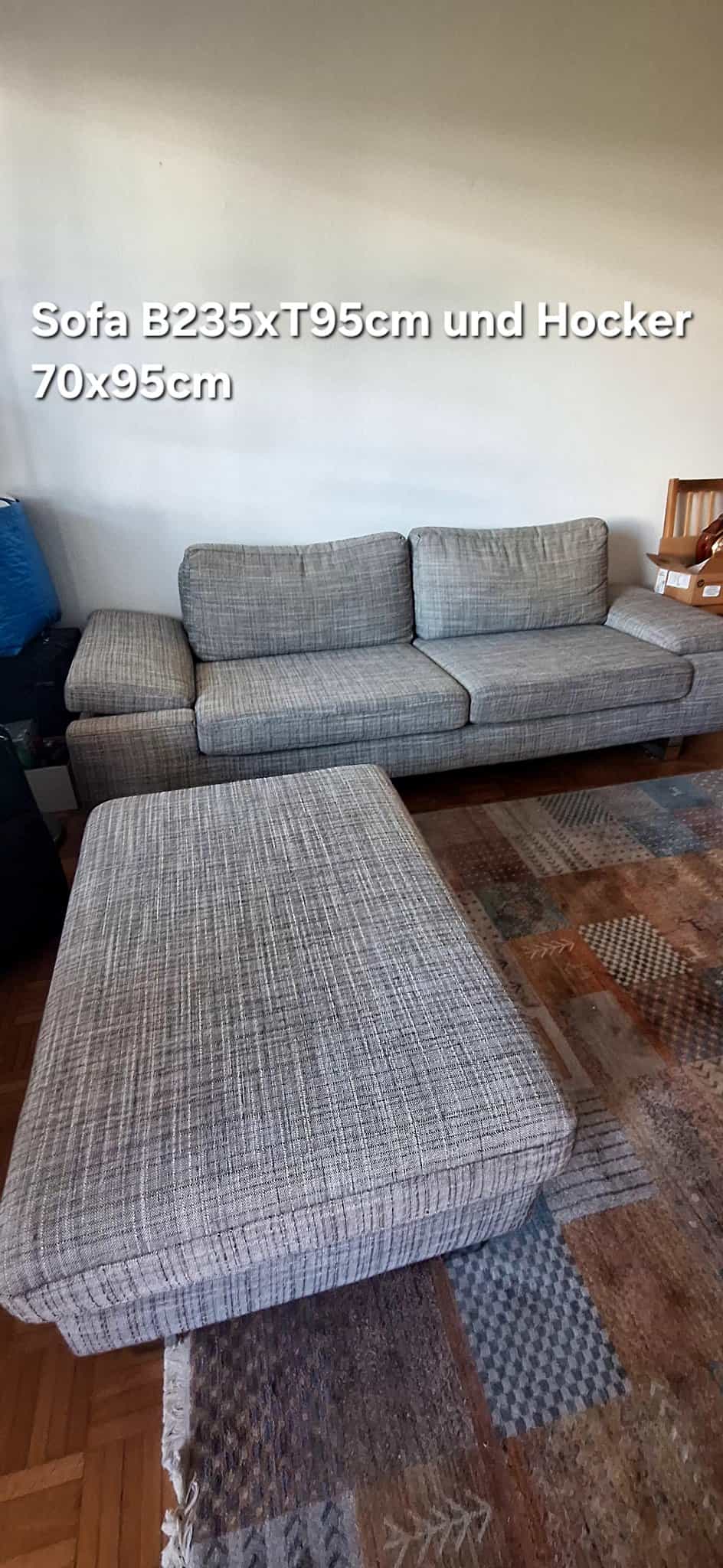 Sofa mit Hocker, grau meliert, B235xT95cm