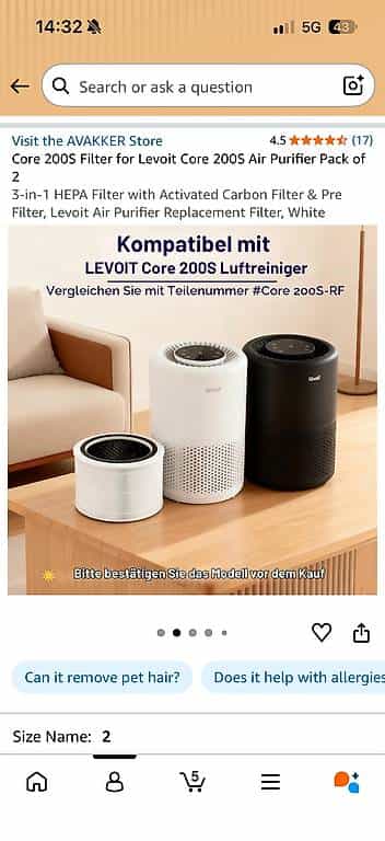 HEPA Ersatzfilter für Levoit Core 200S Gratis